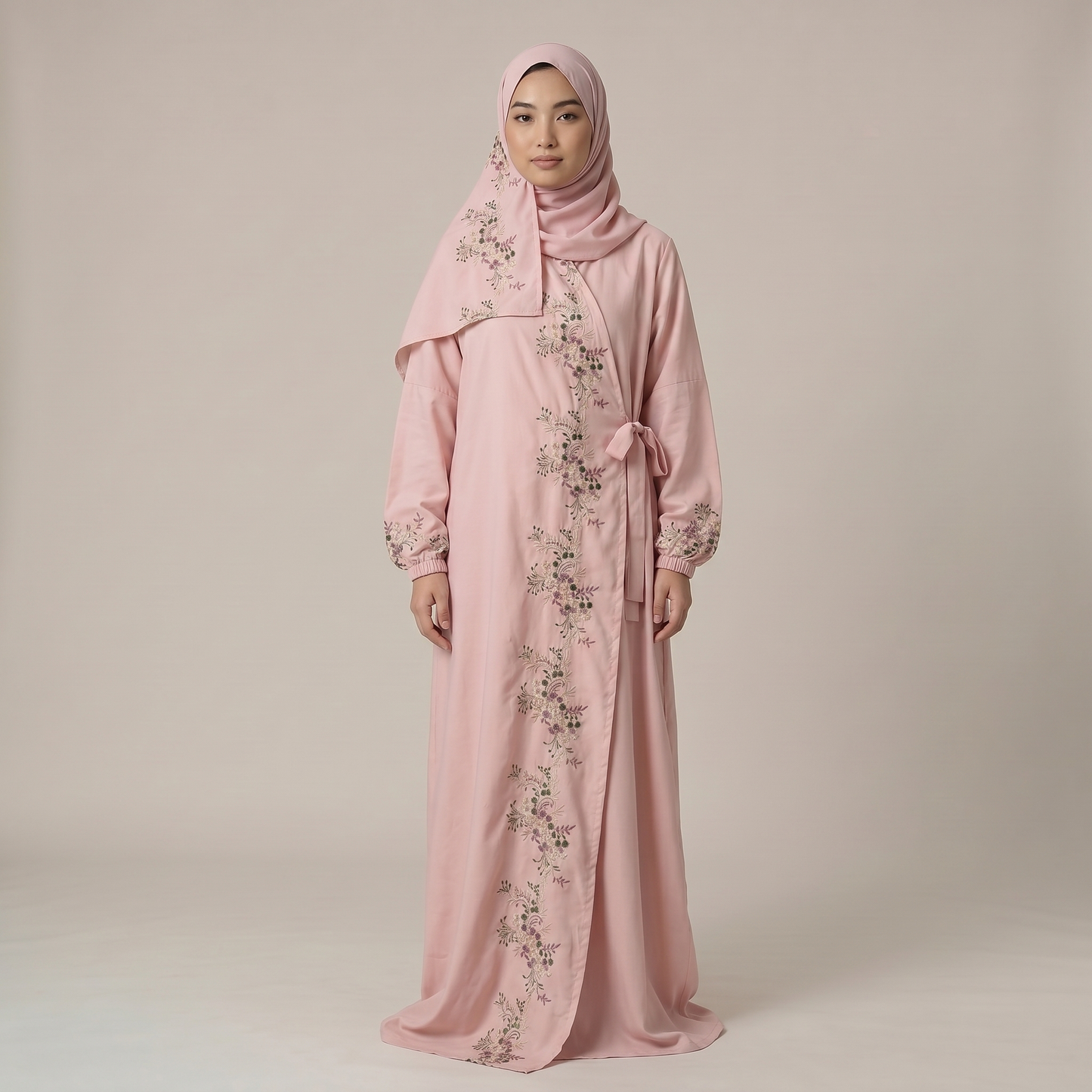 Baby Pink Floral Embroidered Prayer Dress