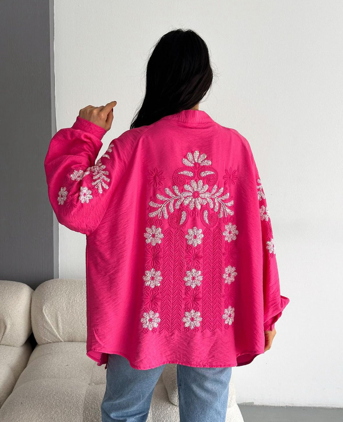 Hot Pink Embroidered Kimono