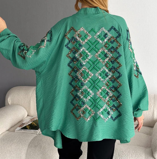 Green Embroidered Kimono