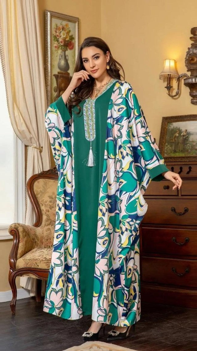 Green Pattern Abaya - Free Size