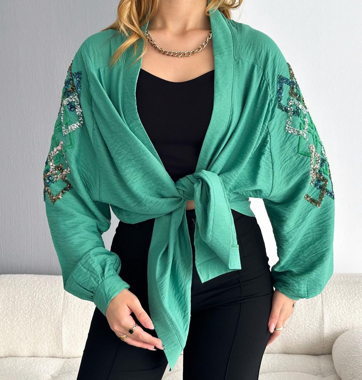 Green Embroidered Kimono