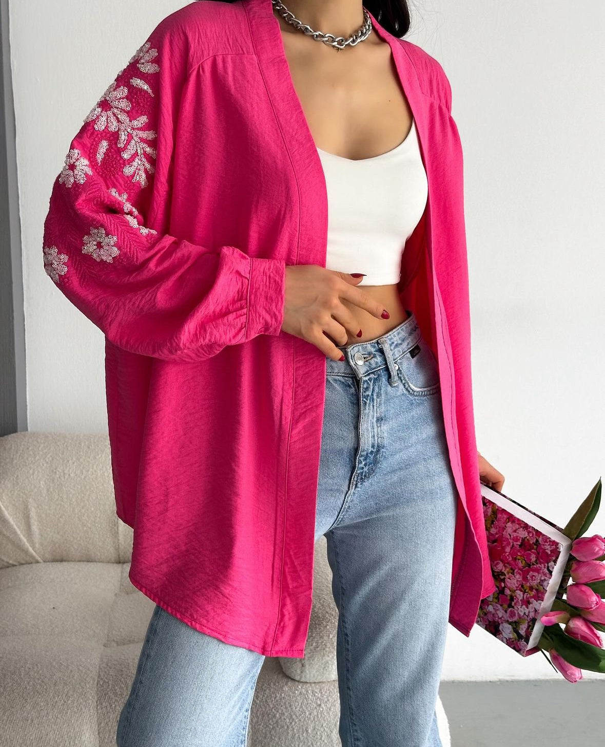 Hot Pink Embroidered Kimono