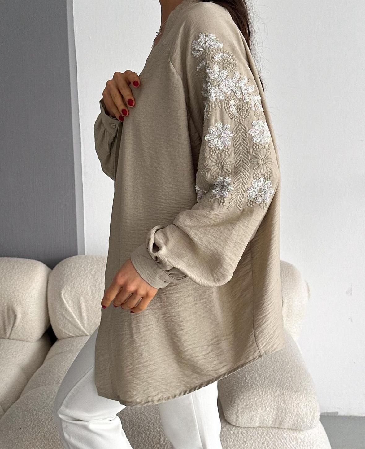 Beige Embroidered Kimono