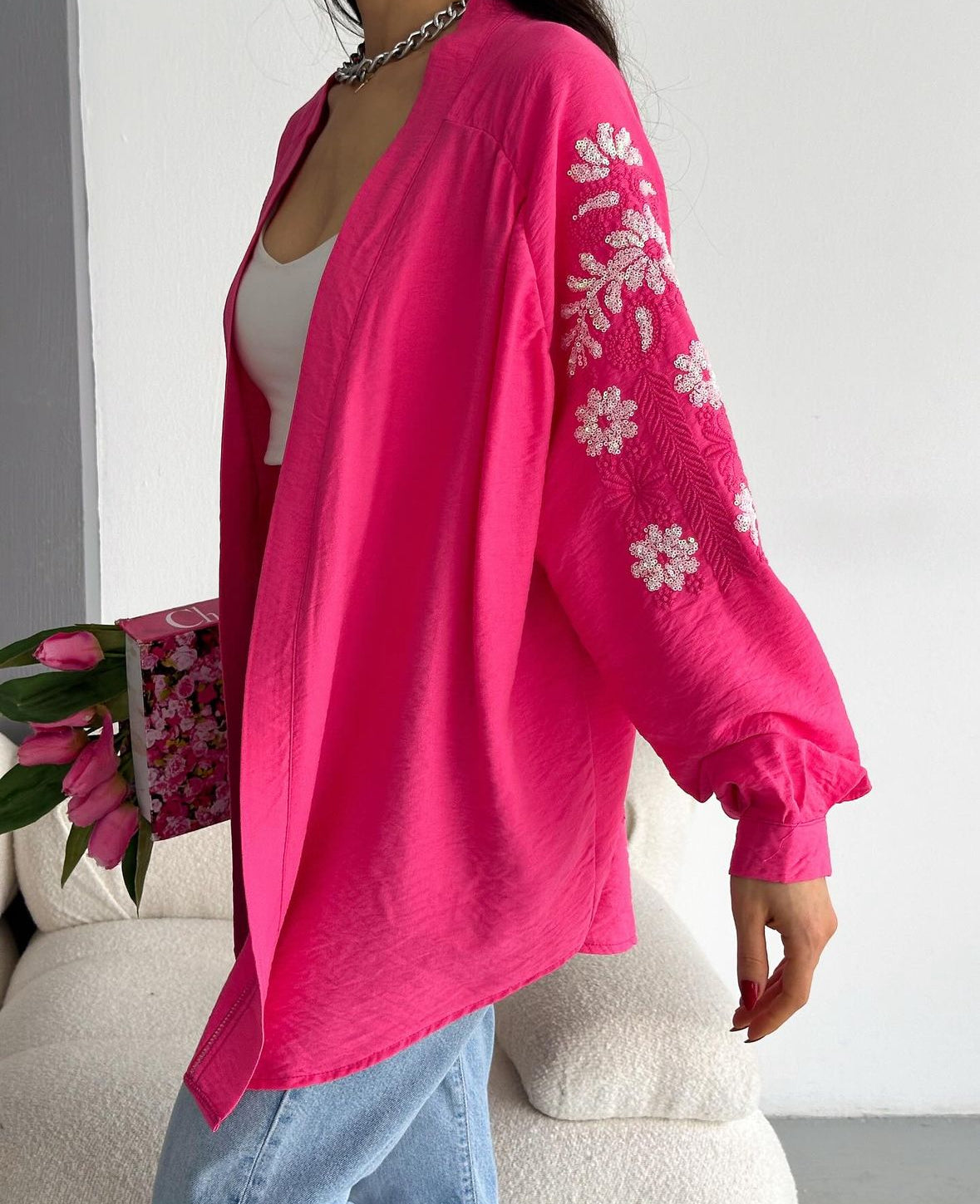 Hot Pink Embroidered Kimono