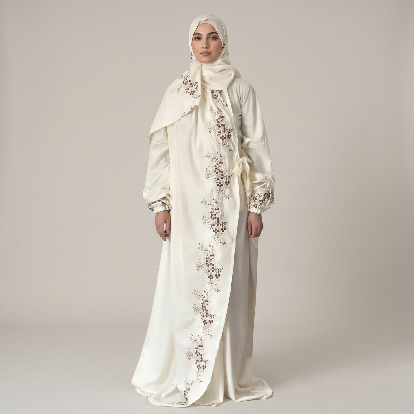 Cream Floral Embroidered Prayer Dress