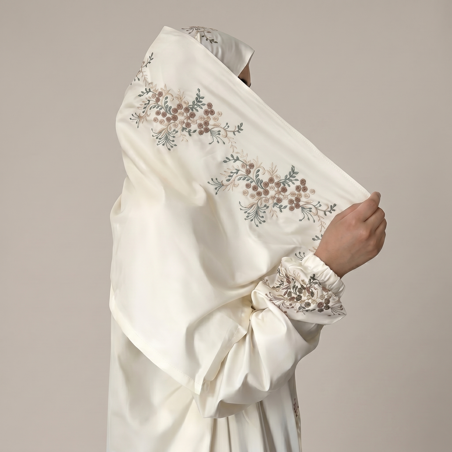 Cream Floral Embroidered Prayer Dress
