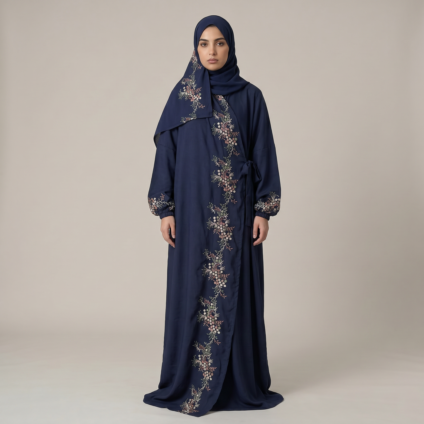 Navy Blue Floral Embroidered Prayer Dress