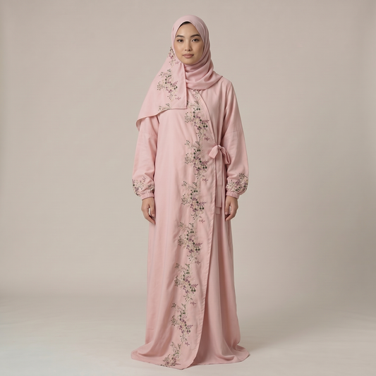 Baby Pink Floral Embroidered Prayer Dress