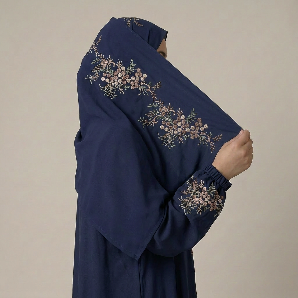 Navy Blue Floral Embroidered Prayer Dress